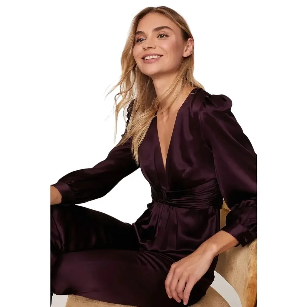 Plum Satin Puff Sleeve Straight Leg Jumpsuit Deep V Formal Evening Sz 2 EUC - Picture 5 of 11